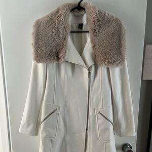 Formal White House Black Market White Coat with Faux Fur Trim